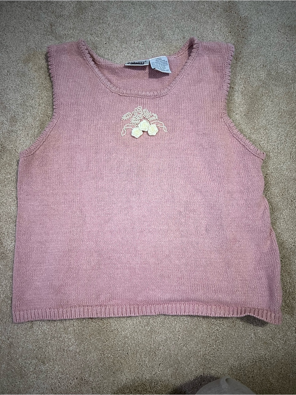 Vintage 90s Pastel Pink Knit Sweater Tank Roses Beaded size large